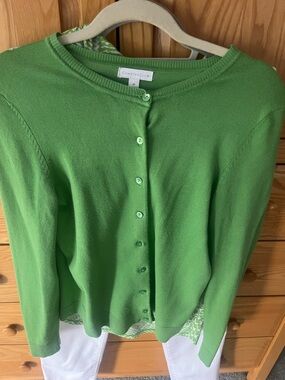 Charter Club Green Crewneck Button-Up Sweater Mediu